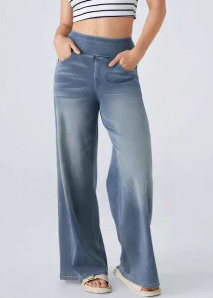 Leg Elastic Blue Light Wide Pants Pockets Denim Vintage Waist FashionChic