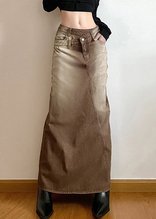 Vintage Light Brown Asymmetrical Side Open Denim Skirt Fall PP002 OM-NZ240827