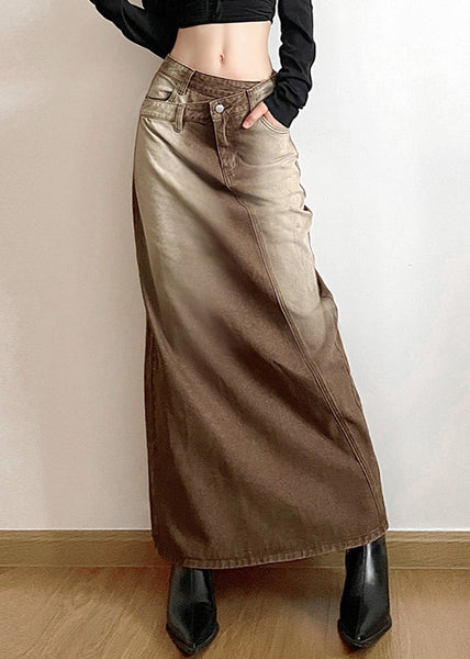 Vintage Light Brown Asymmetrical Side Open Denim Skirt Fall PP002 OM-NZ240827