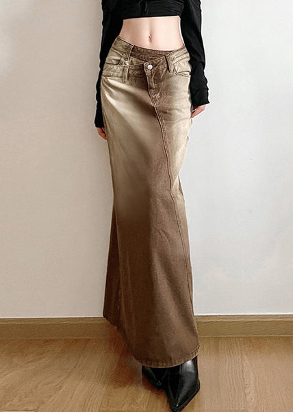 Vintage Light Brown Asymmetrical Side Open Denim Skirt Fall PP002 OM-NZ240827