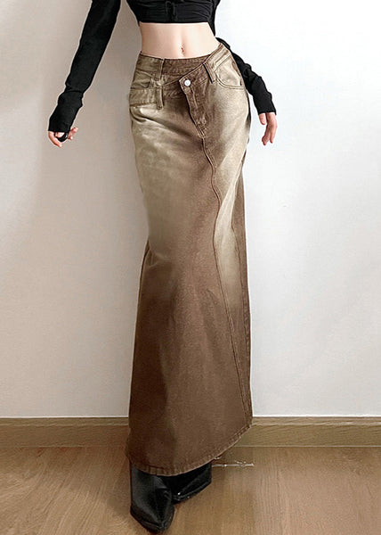 Vintage Light Brown Asymmetrical Side Open Denim Skirt Fall PP002 OM-NZ240827