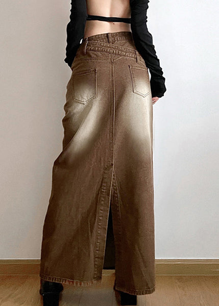 Vintage Light Brown Asymmetrical Side Open Denim Skirt Fall PP002 OM-NZ240827