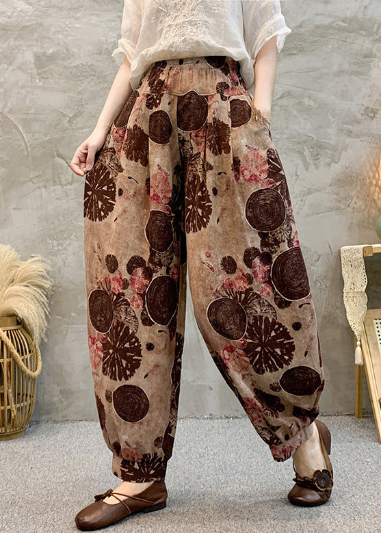 Vintage Light Brown Pockets Elastic Waist Cotton Harem Pants Summer RE039 MZF-CPTS240807