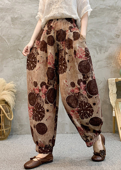 Vintage Light Brown Pockets Elastic Waist Cotton Harem Pants Summer RE039 MZF-CPTS240807