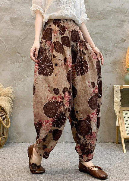 Vintage Light Brown Pockets Elastic Waist Cotton Harem Pants Summer RE039 MZF-CPTS240807