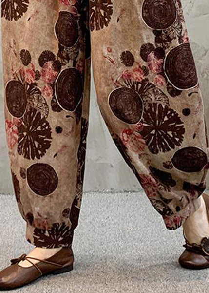 Vintage Light Brown Pockets Elastic Waist Cotton Harem Pants Summer RE039 MZF-CPTS240807