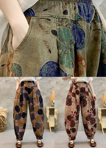 Vintage Light Brown Pockets Elastic Waist Cotton Harem Pants Summer RE039 MZF-CPTS240807