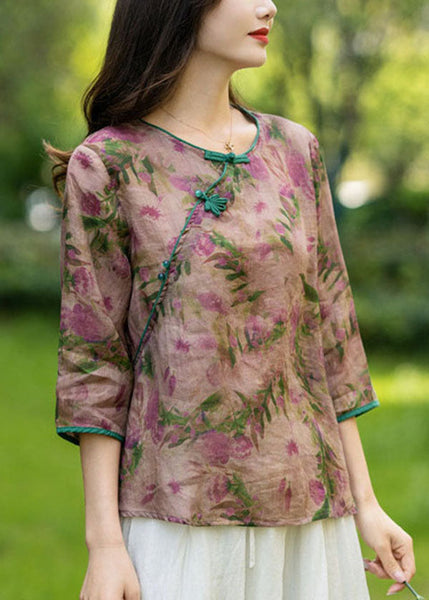 Vintage Pink Floral Linen Shirts Bracelet Sleeve AP058 GK-HTP240718