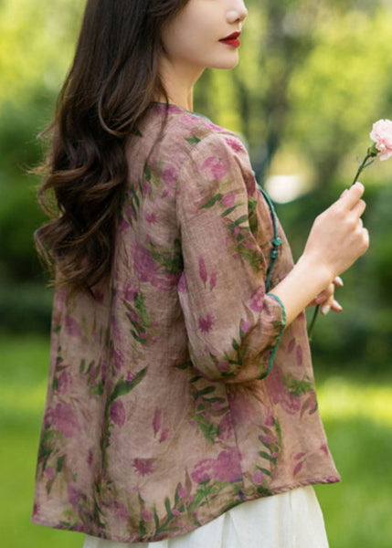 Vintage Pink Floral Linen Shirts Bracelet Sleeve AP058 GK-HTP240718