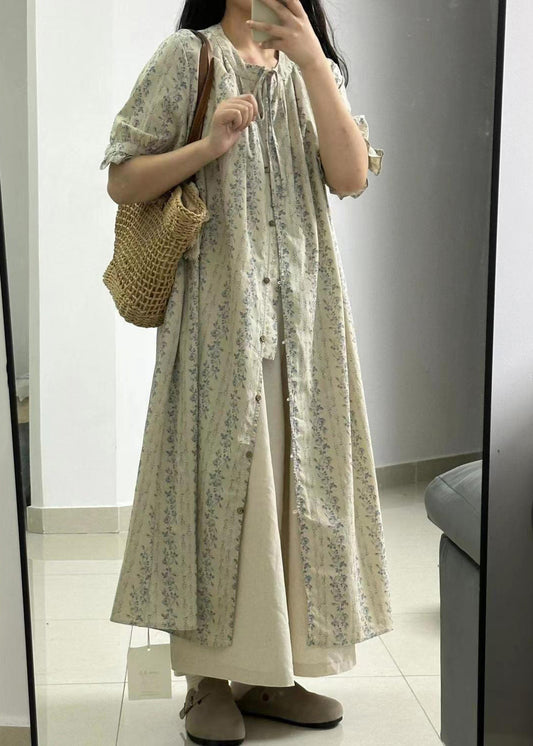 Vintage Light Green Print Button Long Shirts Dress And Skirts Two Piece Set Short Sleeve GH1034 Ada Fashion