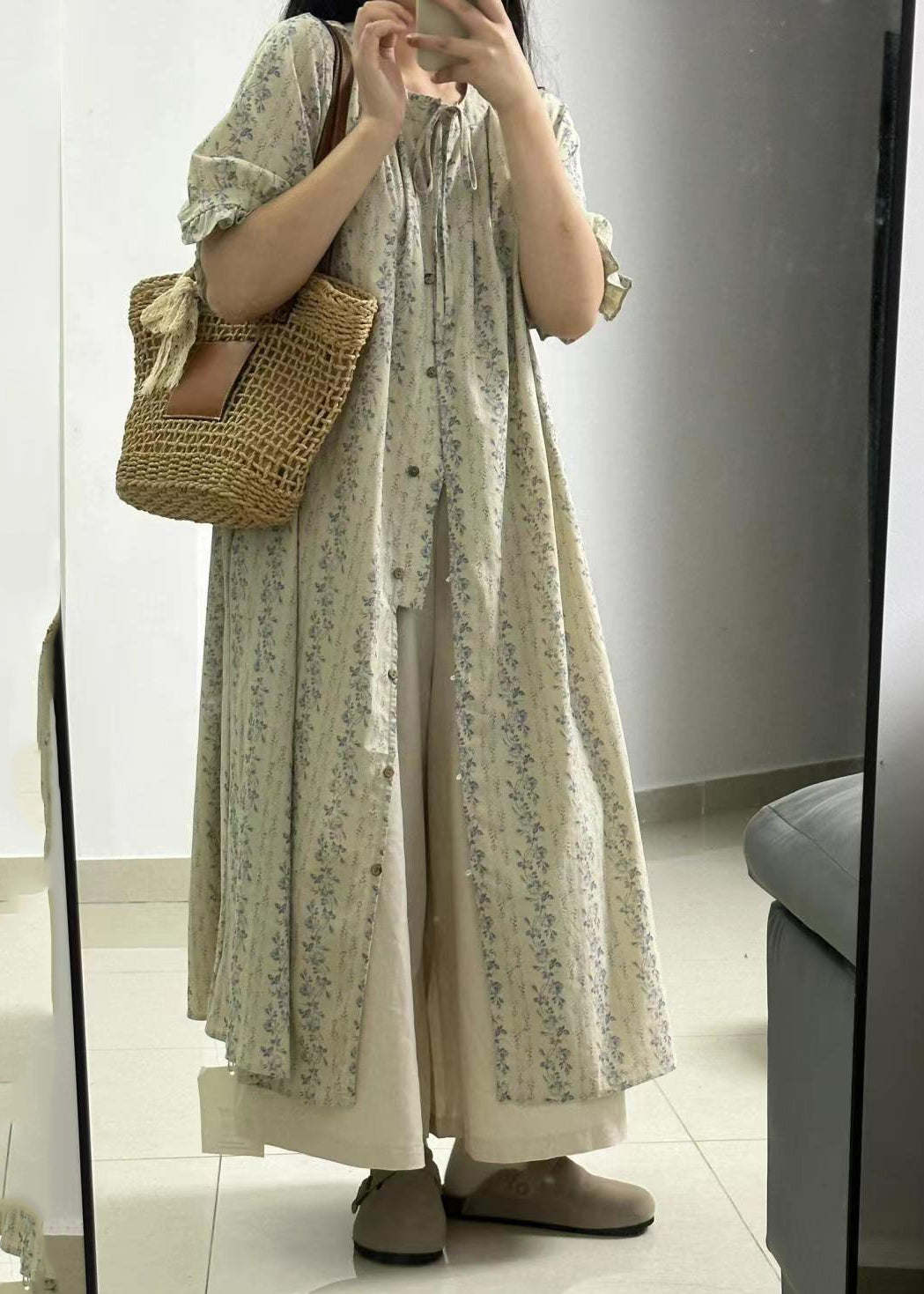 Vintage Light Green Print Button Long Shirts Dress And Skirts Two Piece Set Short Sleeve GH1034 Ada Fashion