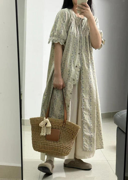 Vintage Light Green Print Button Long Shirts Dress And Skirts Two Piece Set Short Sleeve GH1034 Ada Fashion