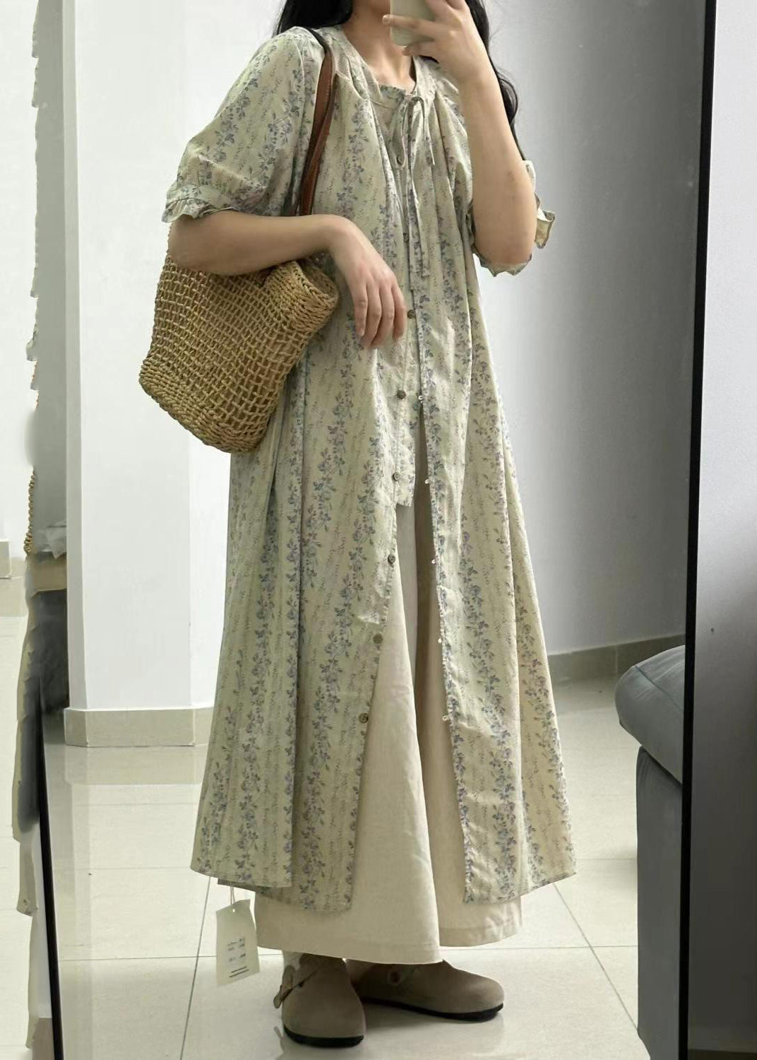 Vintage Light Green Print Button Long Shirts Dress And Skirts Two Piece Set Short Sleeve GH1034 Ada Fashion