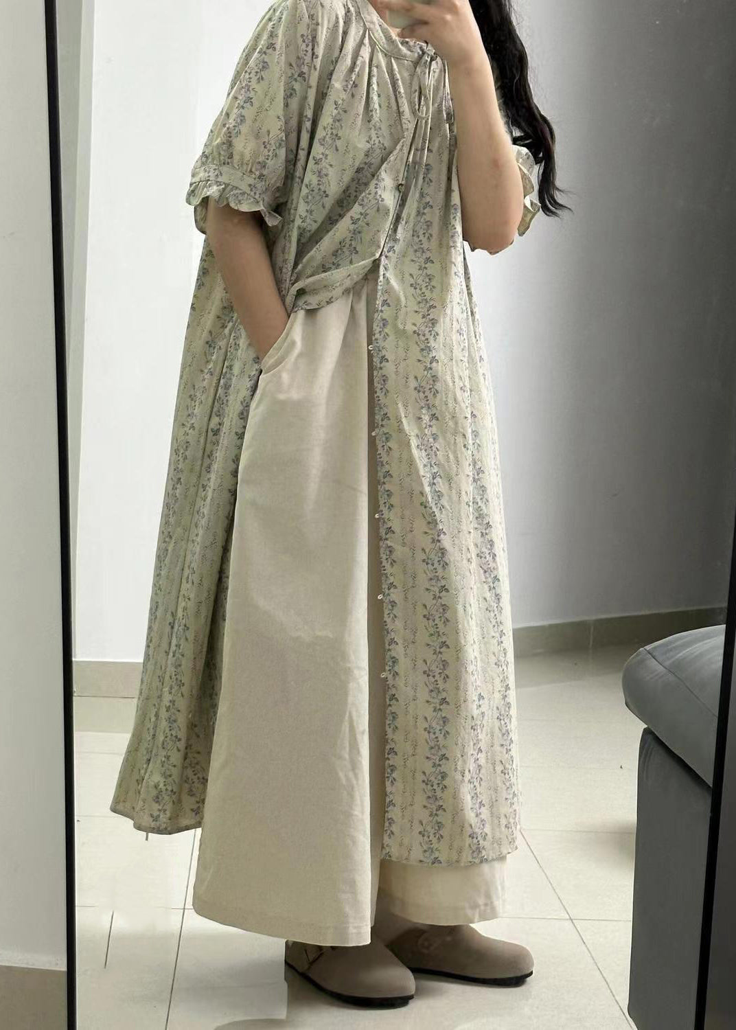 Vintage Light Green Print Button Long Shirts Dress And Skirts Two Piece Set Short Sleeve GH1034 Ada Fashion