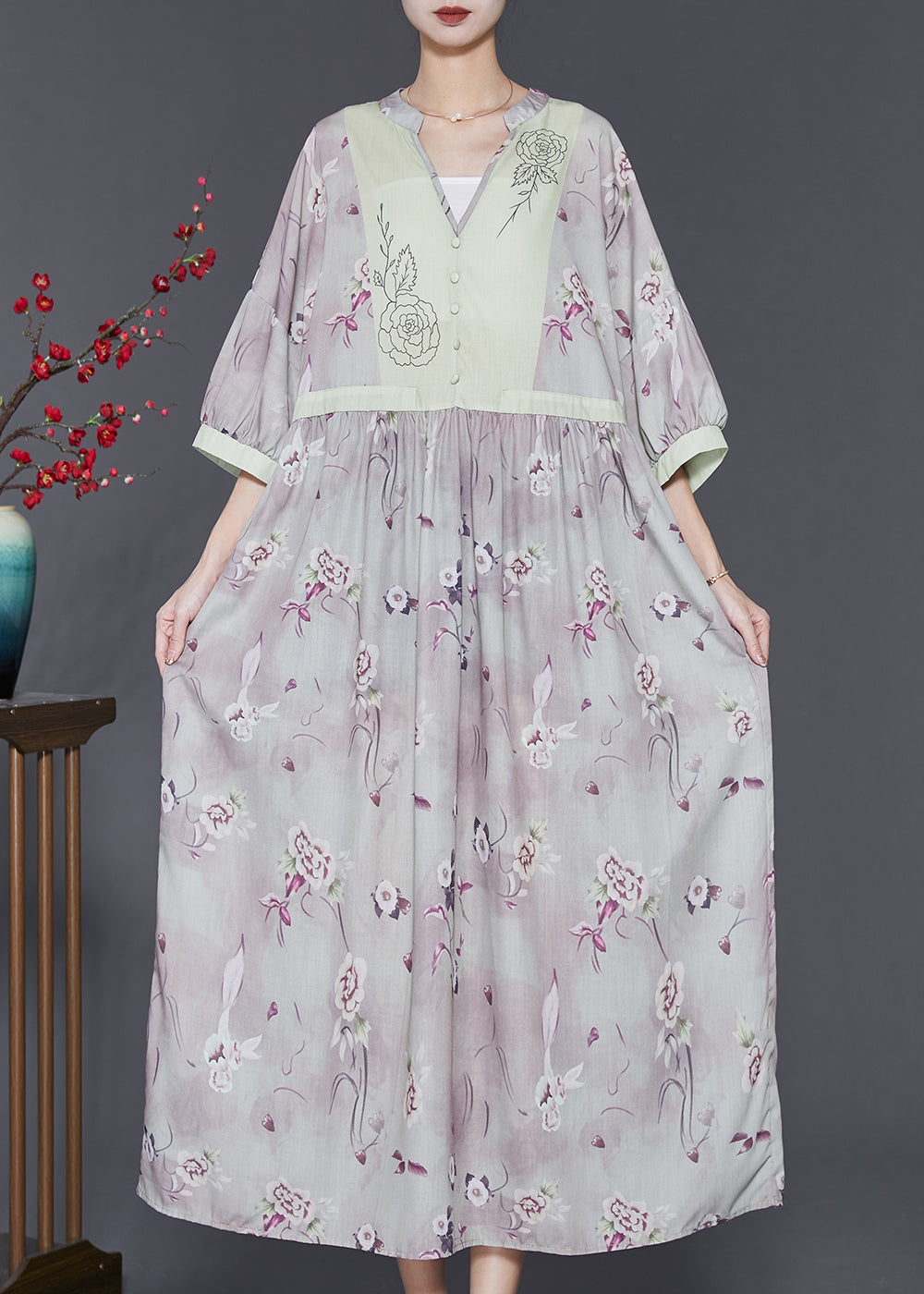 Vintage Light Purple V Neck Print Linen Dress Summer SD1023 Ada Fashion