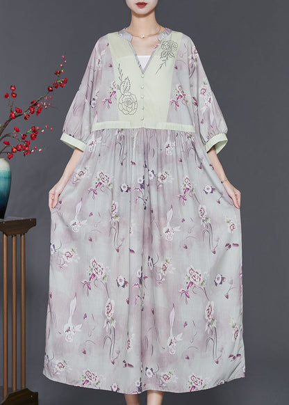 Vintage Light Purple V Neck Print Linen Dress Summer SD1023 Ada Fashion