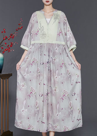 Vintage Light Purple V Neck Print Linen Dress Summer SD1023 Ada Fashion