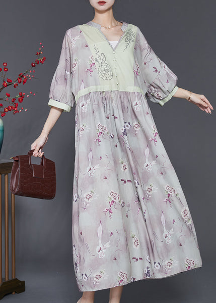 Vintage Light Purple V Neck Print Linen Dress Summer SD1023 Ada Fashion