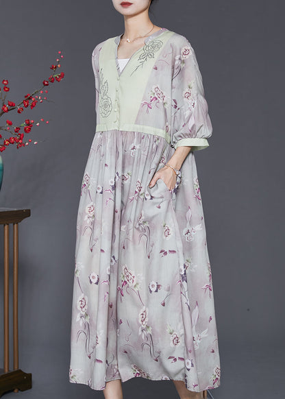 Vintage Light Purple V Neck Print Linen Dress Summer SD1023 Ada Fashion