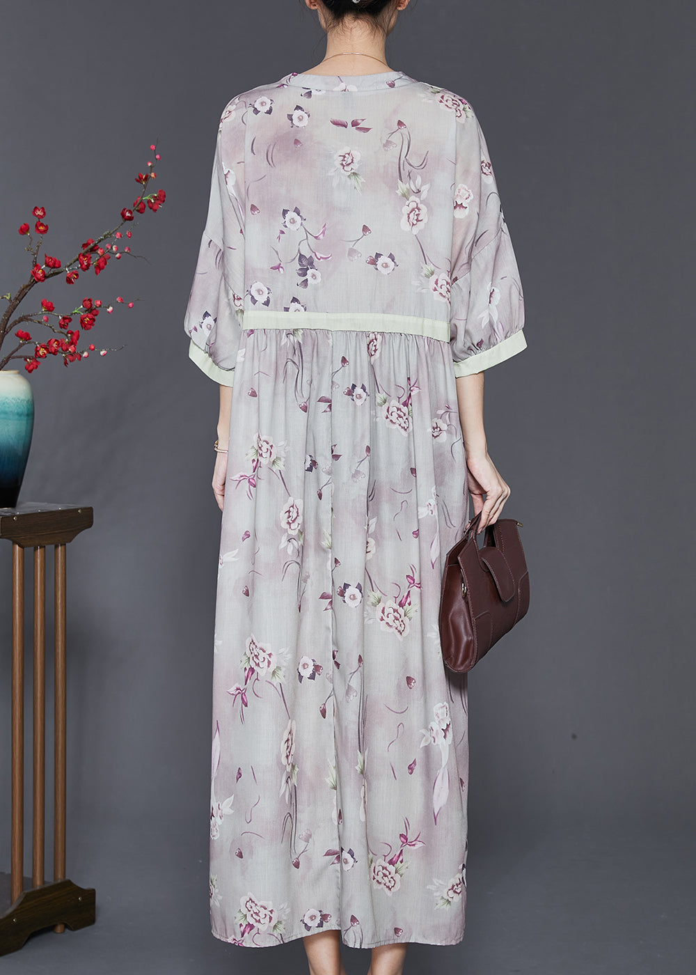 Vintage Light Purple V Neck Print Linen Dress Summer SD1023 Ada Fashion