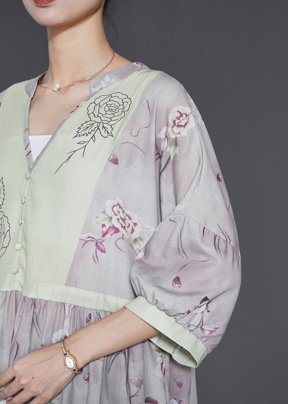 Vintage Light Purple V Neck Print Linen Dress Summer SD1023 Ada Fashion