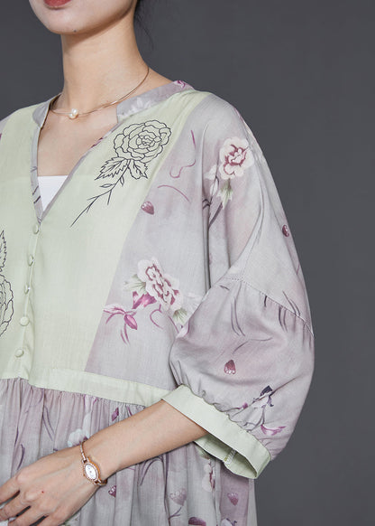 Vintage Light Purple V Neck Print Linen Dress Summer SD1023 Ada Fashion