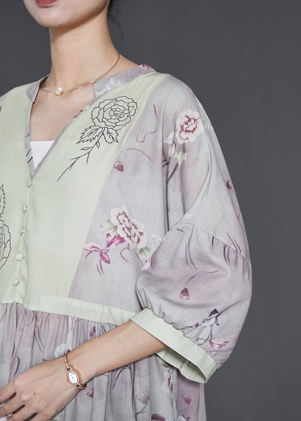 Vintage Light Purple V Neck Print Linen Dress Summer SD1023 Ada Fashion