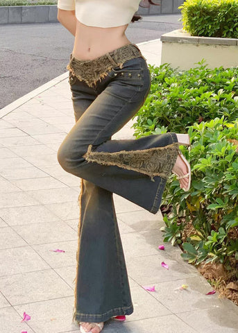 Vintage Low Waist Patchwork Lace Denim Flared Trousers Spring YF027 ABC