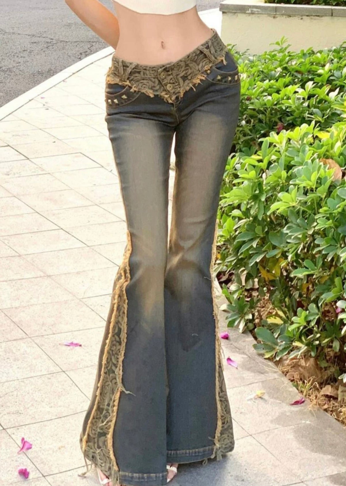 Vintage Low Waist Patchwork Lace Denim Flared Trousers Spring YF027 ABC