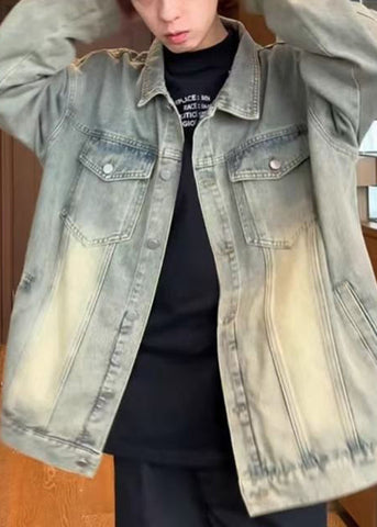 Mens Vintage Yellow Coats Denim Collar Peter Mud Pan Button FashionChic