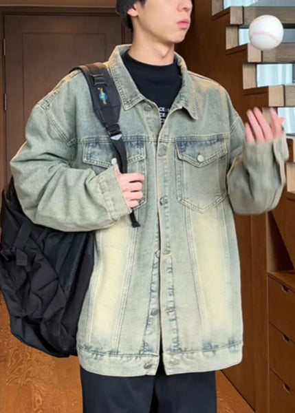 Mens Vintage Yellow Coats Denim Collar Peter Mud Pan Button FashionChic