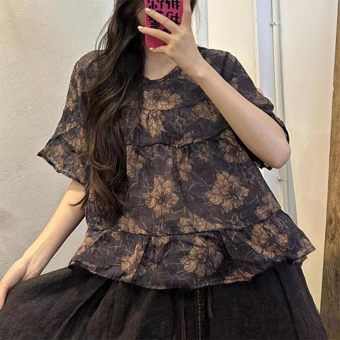 Vintage Navy Blue Print Patchwork Linen Top Summer VB1063 Ada Fashion