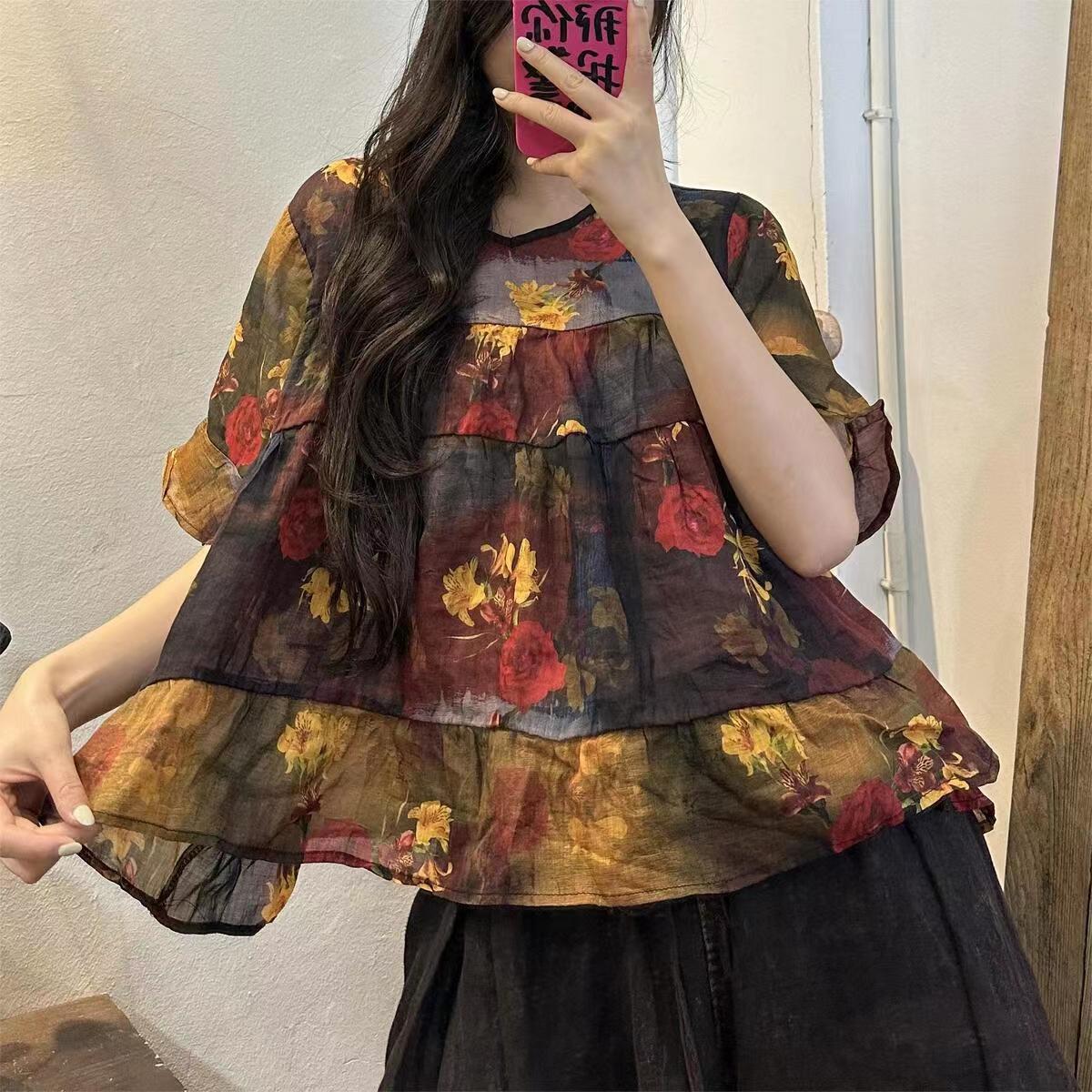 Vintage Navy Blue Print Patchwork Linen Top Summer VB1063 Ada Fashion
