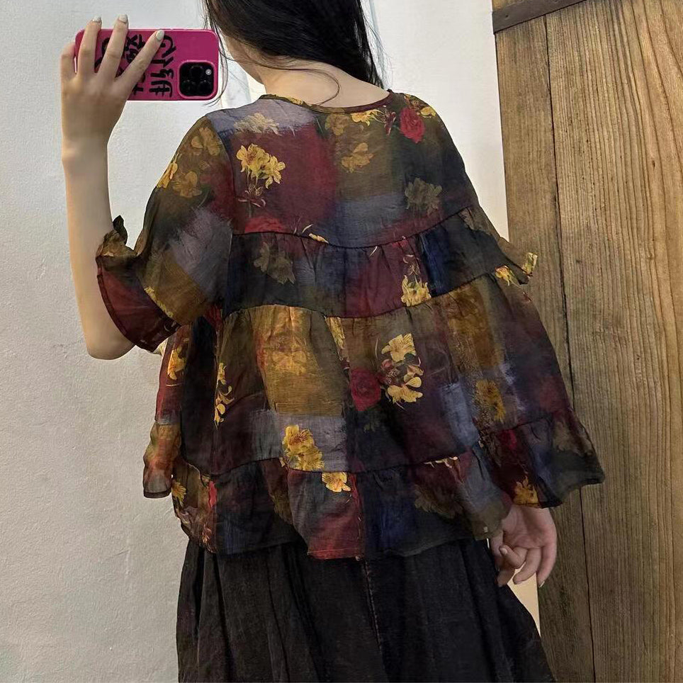 Vintage Navy Blue Print Patchwork Linen Top Summer VB1063 Ada Fashion