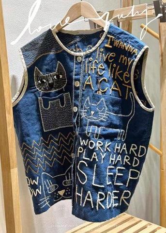 Vintage Navy Embroideried Sleeveless Linen Vest Beach FashionChic