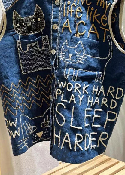 Vintage Navy Embroideried Sleeveless Linen Vest Beach FashionChic