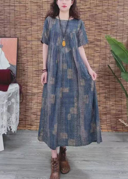 Summer Oversized Cotton Print Vintage Navy Dress FashionChic