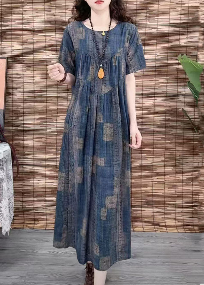 Summer Oversized Cotton Print Vintage Navy Dress FashionChic