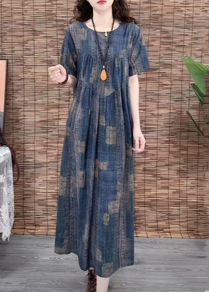 Summer Oversized Cotton Print Vintage Navy Dress FashionChic