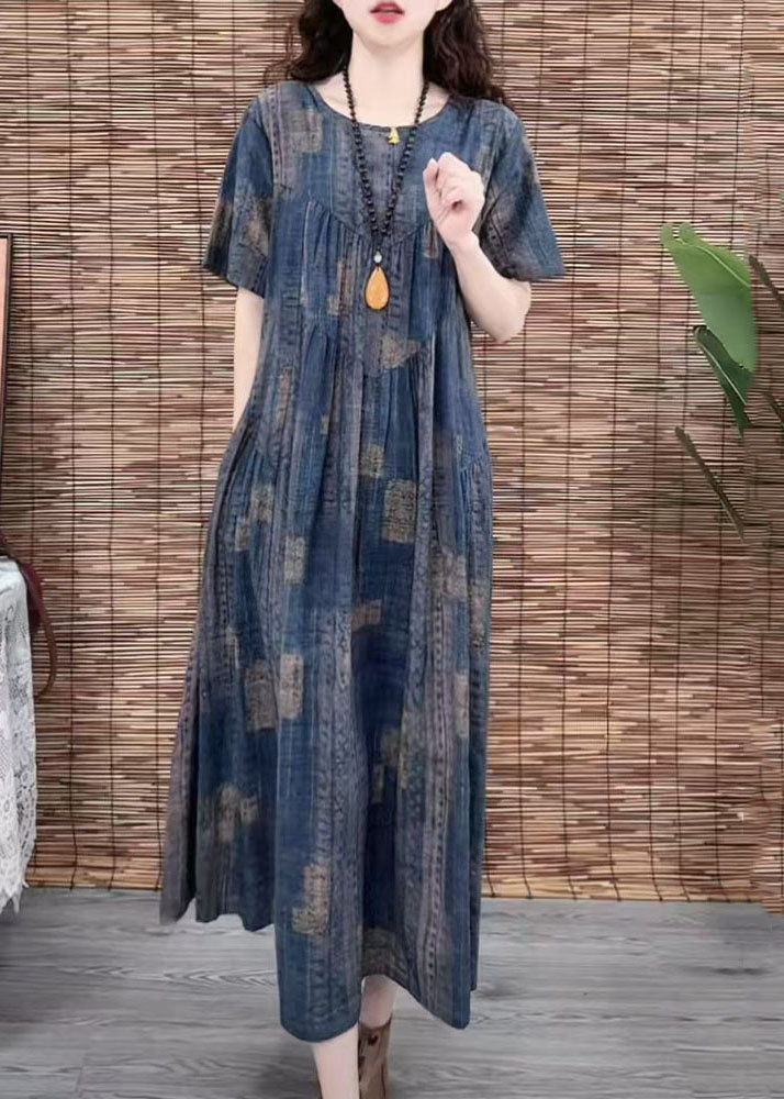 Summer Oversized Cotton Print Vintage Navy Dress FashionChic