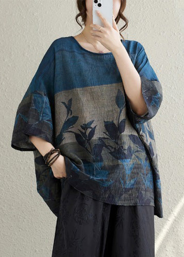 Vintage Linen Print Oversized Summer Tanks Navy FashionChic