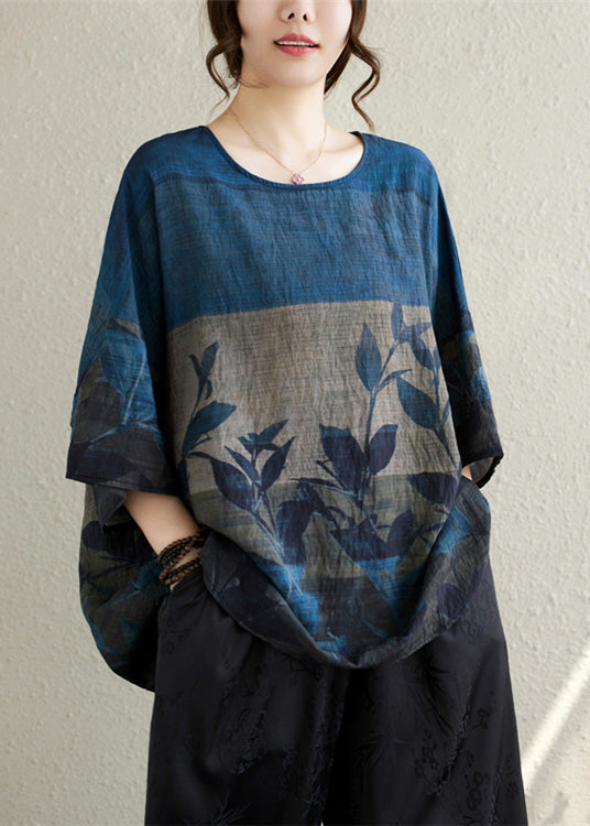 Vintage Linen Print Oversized Summer Tanks Navy FashionChic