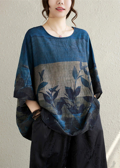 Vintage Linen Print Oversized Summer Tanks Navy FashionChic