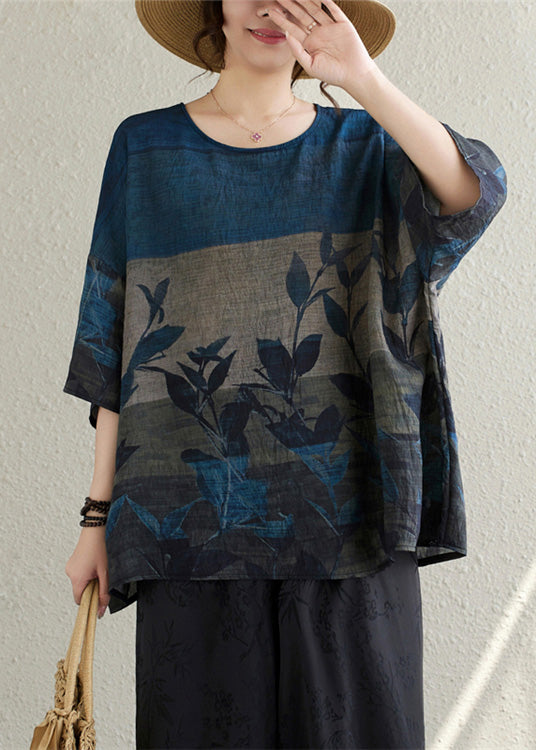 Vintage Linen Print Oversized Summer Tanks Navy FashionChic