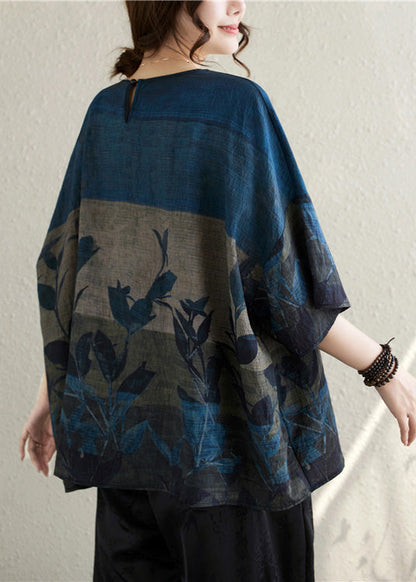 Vintage Linen Print Oversized Summer Tanks Navy FashionChic