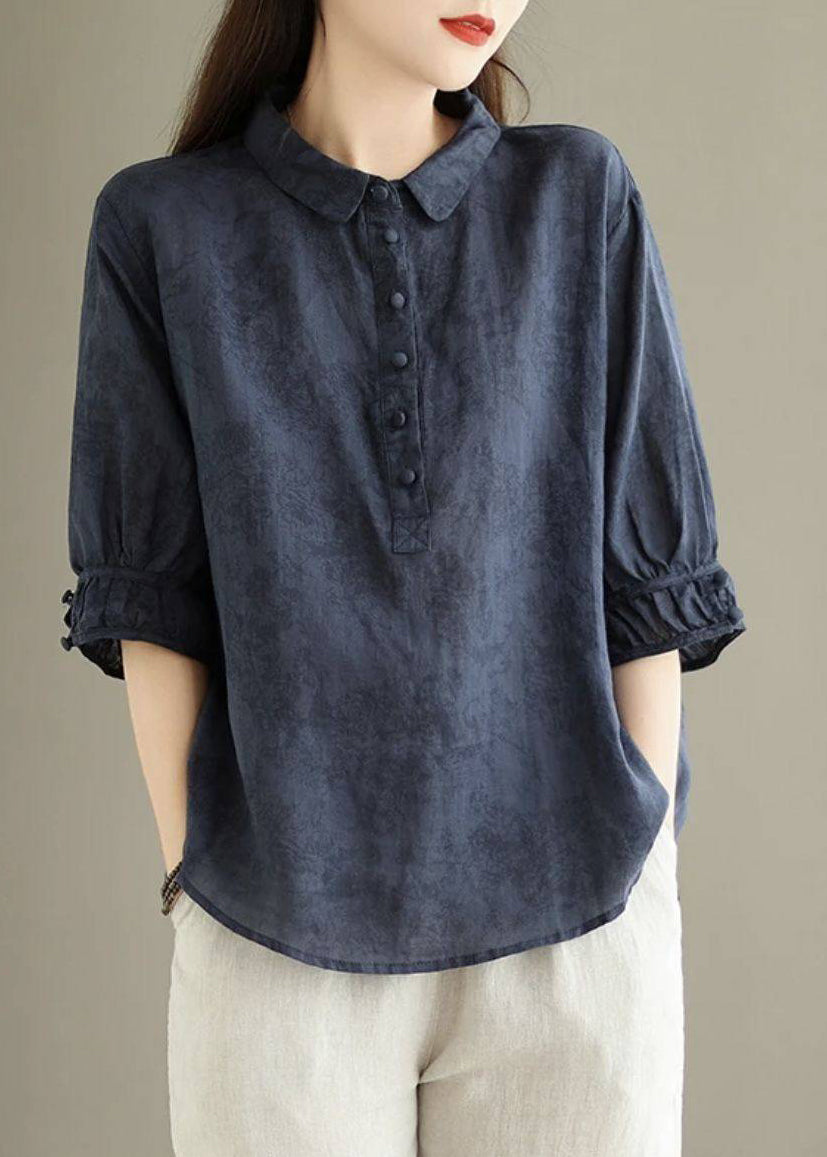 Navy Pan Collar Summer Cotton Vintage Print Peter Shirt Top FashionChic