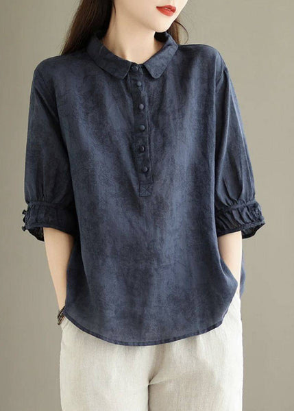Navy Pan Collar Summer Cotton Vintage Print Peter Shirt Top FashionChic