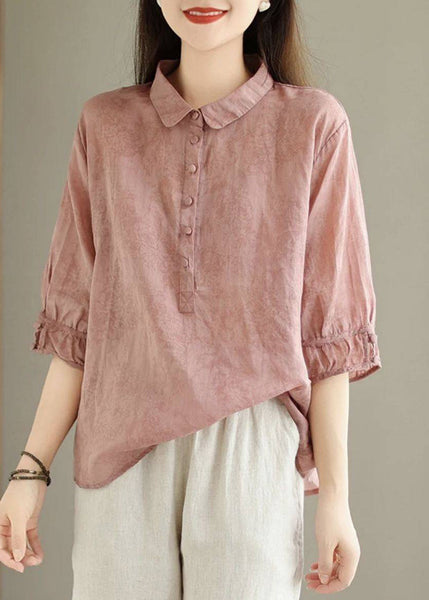 Navy Pan Collar Summer Cotton Vintage Print Peter Shirt Top FashionChic