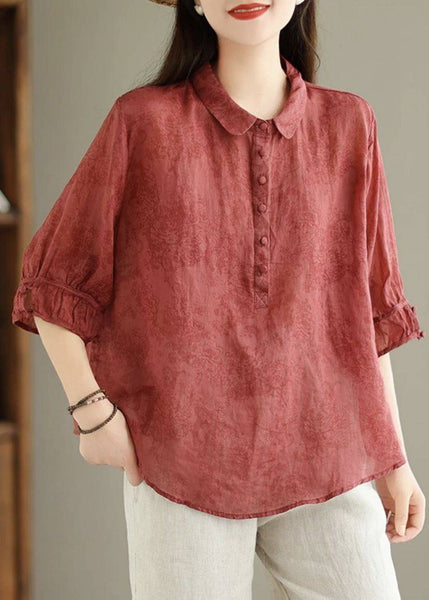 Navy Pan Collar Summer Cotton Vintage Print Peter Shirt Top FashionChic