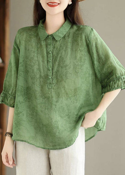 Navy Pan Collar Summer Cotton Vintage Print Peter Shirt Top FashionChic